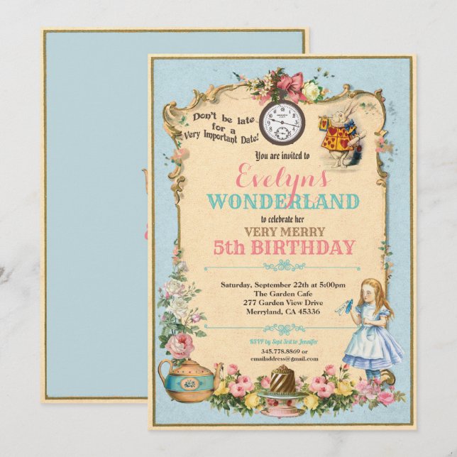 Alicia en la invitación de cumpleaños de Wonderlan (Anverso / Reverso)