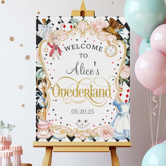 Alicia en Onederland, señal de bienvenida de prime (Alice Onederland, Girl 1st birthday poster, mad hatter, tea party, birthday welcome sign.)