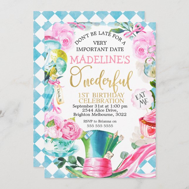 Alicia Maravillosa Invitación de cumpleaños (Anverso / Reverso)