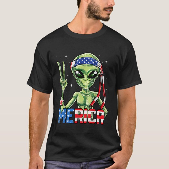 Alien Merica 4 de julio camiseta hombres bandera e (Anverso)