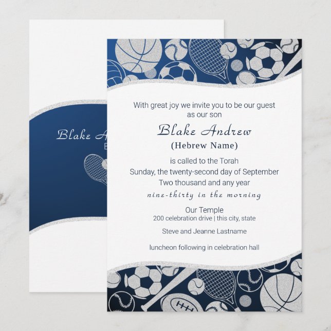 All Sports Bar Mitzvah Silver Blue Invitación 2 (Anverso / Reverso)