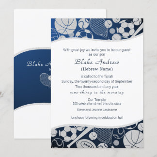 All Sports Bar Mitzvah Silver Blue Invitación 2