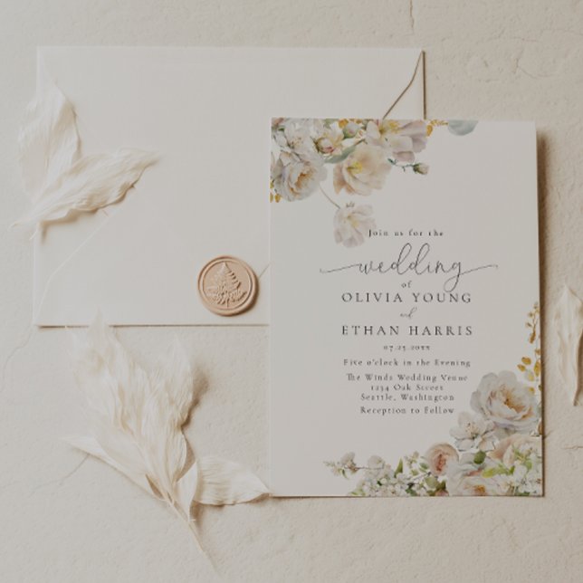 Allure - Invitación a Boda de Rosas Blancas y Resp (White roses and baby's breath with gold inlay)