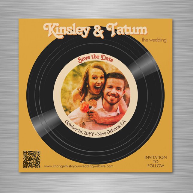 Almacén fotográfico de grabación Guardar la fecha  (Retro vinyl record photo magnet Save the Dates with groovy colors and fonts)