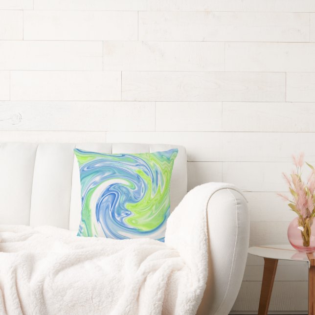 Almohada abstracta de seda azul verdoso y blanco c (Sofá)