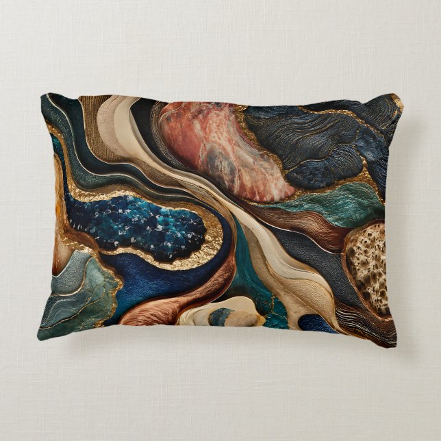 Almohada abstracta terrosa azul teal y oro bronce (Reverso)