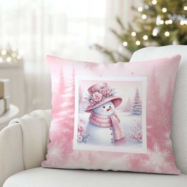 Almohada acogedora de muñeco de nieve rosa juguetó (Playful Pink Snowman Pillow Cozy Winter Look)