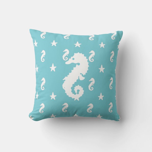 Almohada Aqua Azul Concha y Caballitos de Mar (Anverso)