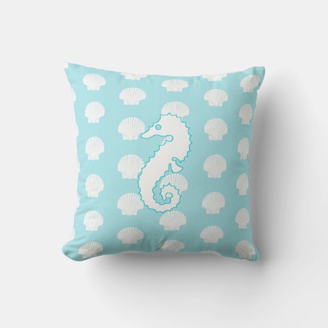 Almohada Aqua Azul Concha y Caballitos de Mar (Anverso)