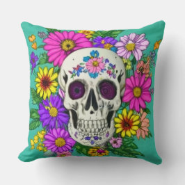 Almohada arrojadiza de cráneo colorido con flores