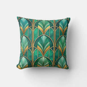 Almohada art déco con patrón geométrico verde