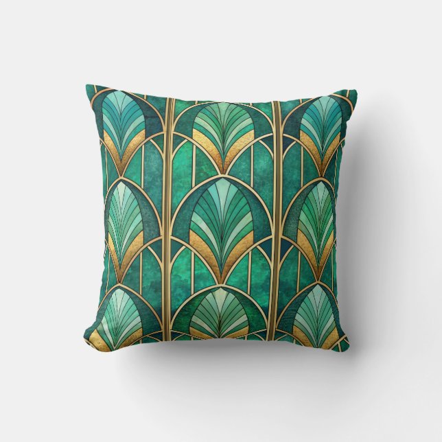 Almohada art déco con patrón geométrico verde (Anverso)