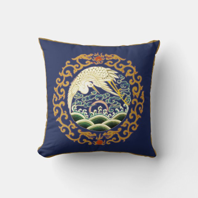 Almohada asiática del arte del pájaro en azul (Anverso)