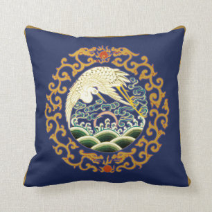 Almohada asiática del arte del pájaro en azul