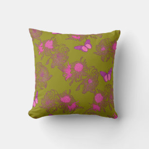 Almohada audaz de mariposa rosa y oliva