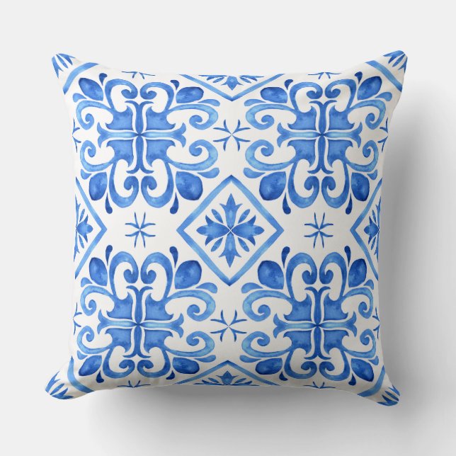 Almohada azul con patrón Zellige marroquí (Anverso)