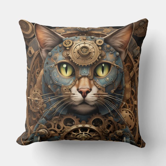 almohada azul de arte de la IA del gato steampunk (Anverso)