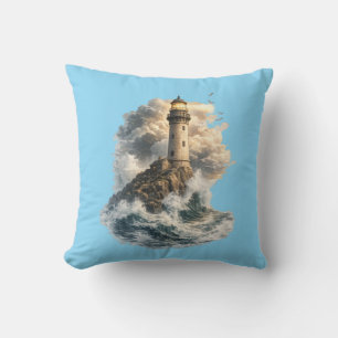 Almohada azul de faro del océano vintage