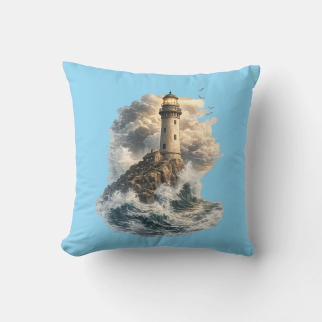 Almohada azul de faro del océano vintage (Anverso)