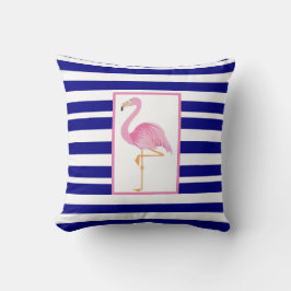 almohada azul de tiro de flamingo rosa a rayas