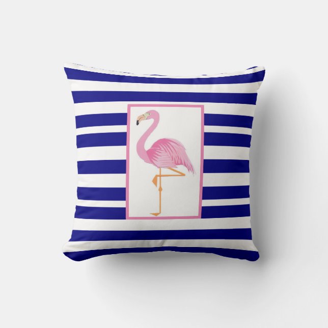 almohada azul de tiro de flamingo rosa a rayas (Anverso)