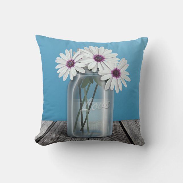 Almohada azul del tarro de albañil de la margarita (Anverso)