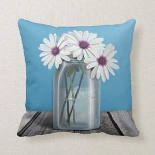 Almohada azul del tarro de albañil de la margarita