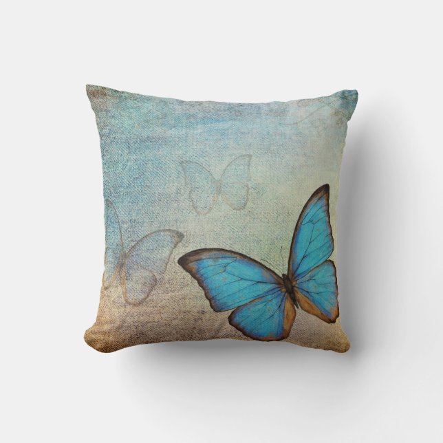 Almohada azul del vintage de la mariposa (Anverso)