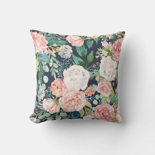 Almohada azul marina con flores rosas y blancas (Anverso)