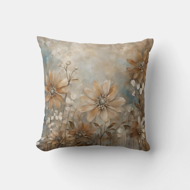 Almohada azul marrón beige de granja con flores (Anverso)