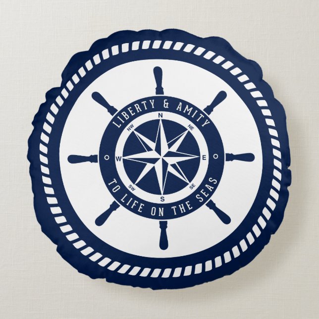 Almohada azul nautica, brújula, píldora redonda ma (Anverso)