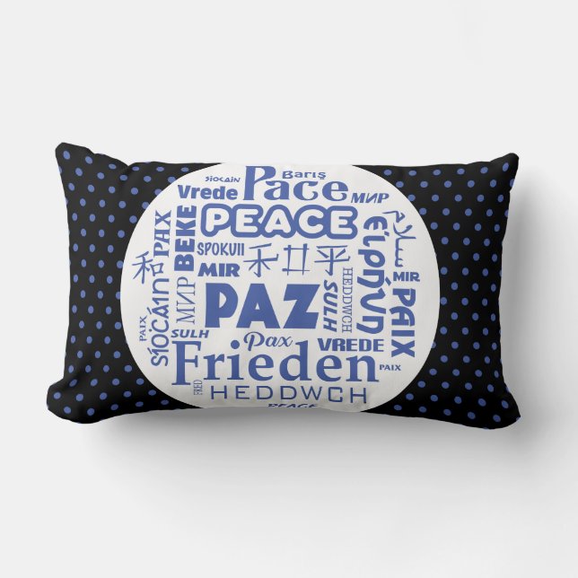 almohada azul/negra lumbar/paz en varios idiomas (Anverso)