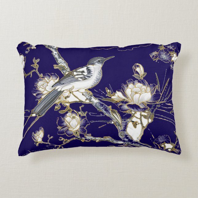 Almohada azul oscura con acento de pájaro (Anverso)