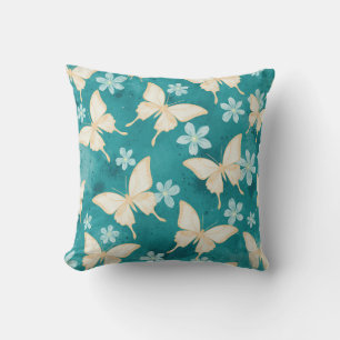 Almohada azul turquesa de mariposa y floral vintag