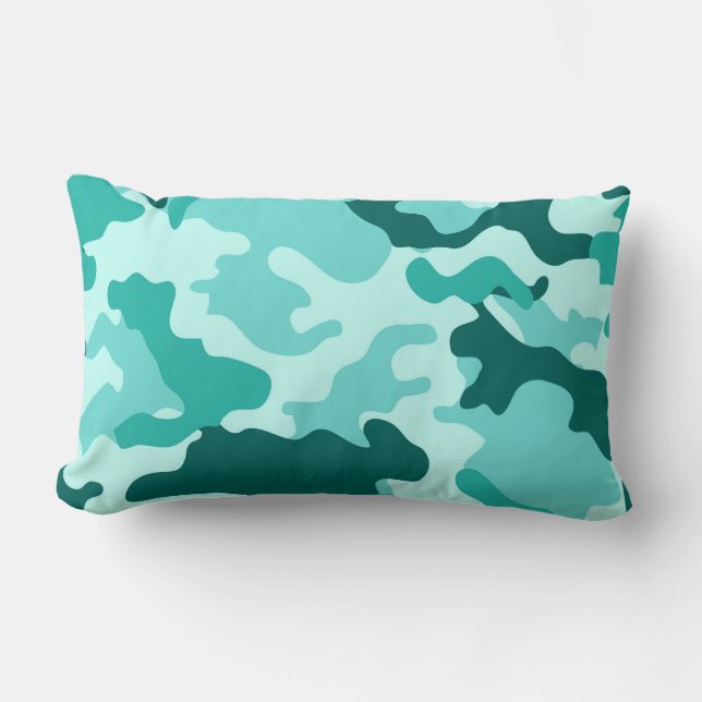 Almohada azul turquesa verde camo lumbar (Anverso)