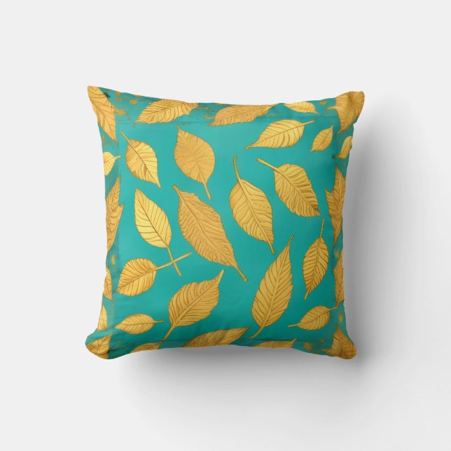 Almohada azul verde con hojas doradas (Anverso)