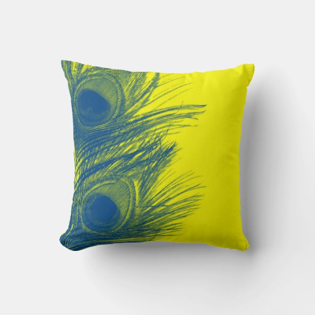 Almohada azul y amarilla de la pluma del pavo real (Anverso)