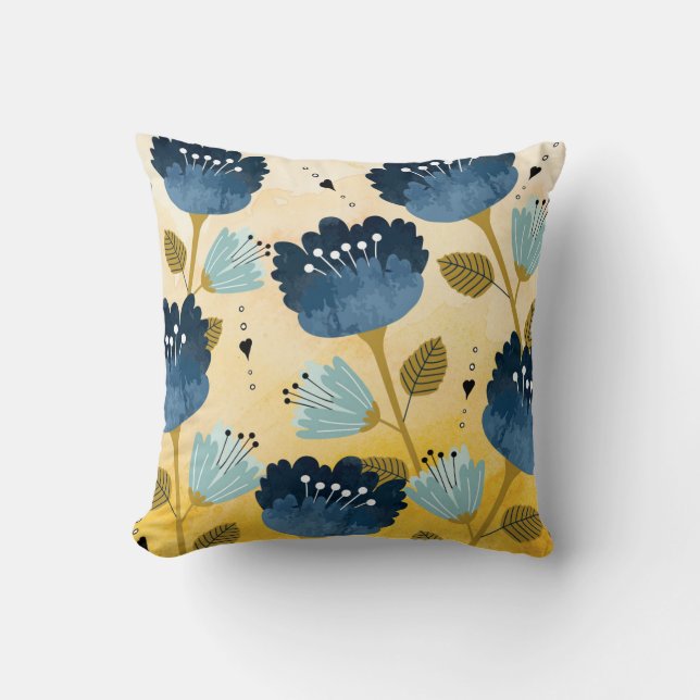 Almohada azul y amarilla del estampado de flores (Anverso)