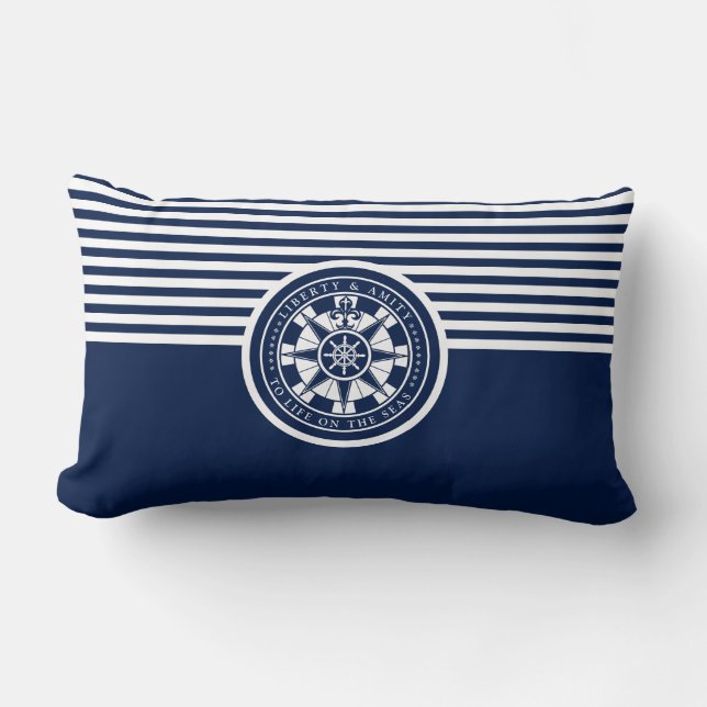 Almohada azul y blanca, brújula, marítima (Anverso)