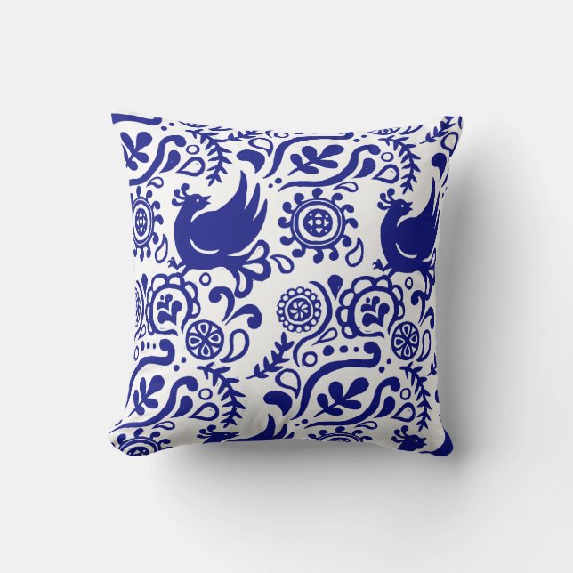 Almohada azul y blanca del arte popular (Anverso)