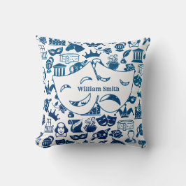 Almohada azul y blanca para amantes de Shakespeare