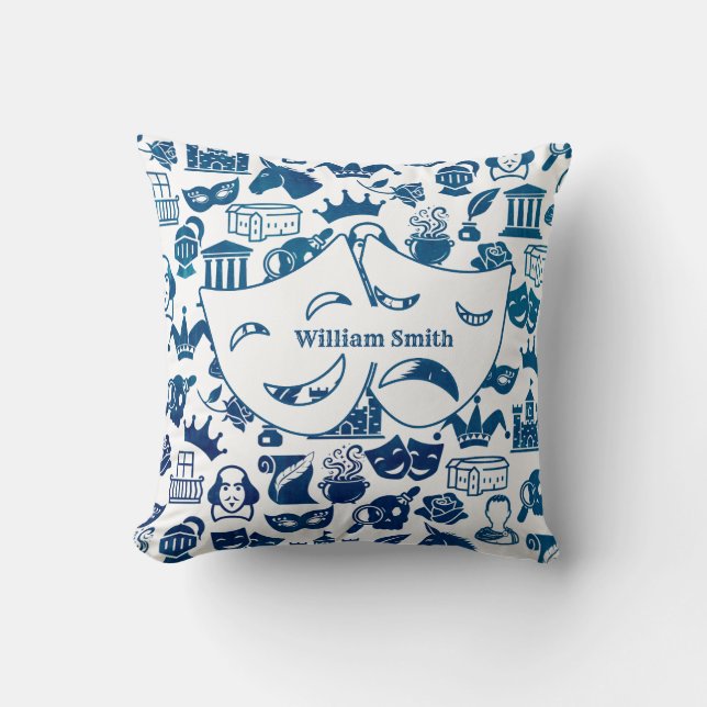 Almohada azul y blanca para amantes de Shakespeare (Anverso)