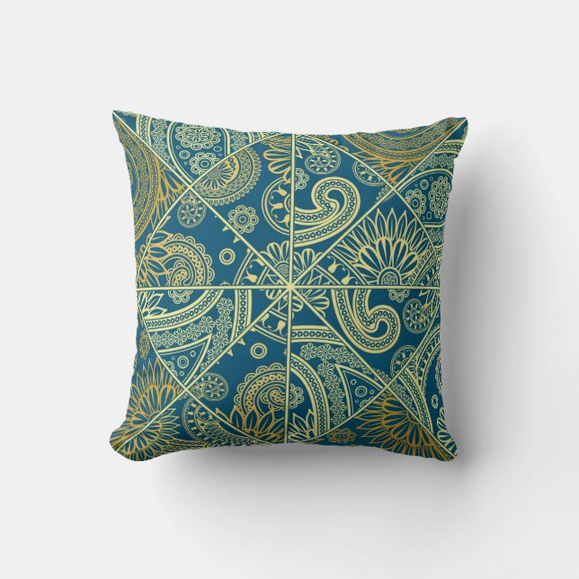 Almohada azul y dorada paisley kaleidoscope (Anverso)