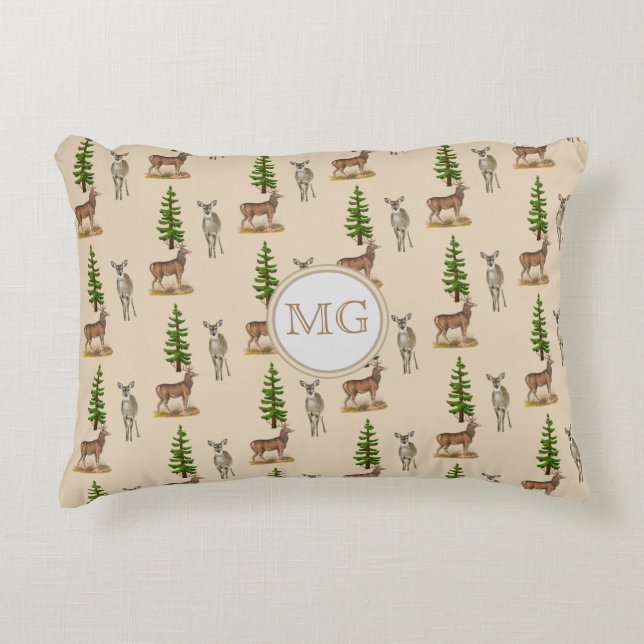 Almohada beige con estampado de ciervo monograma (Anverso)