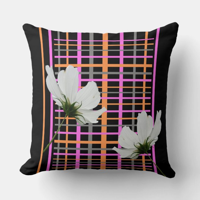 Almohada Blanca con Patrón de Cosmea a Cuadros (Anverso)