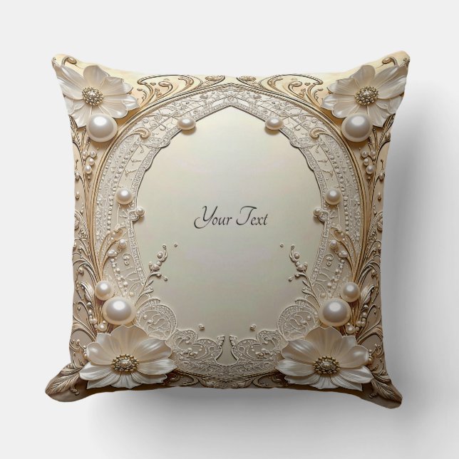 Almohada Blanca Moderna con Flores y Perlas (Anverso)