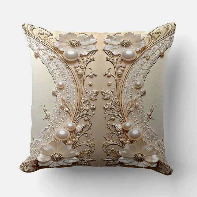 Almohada Blanca Moderna con Flores y Perlas (Anverso)