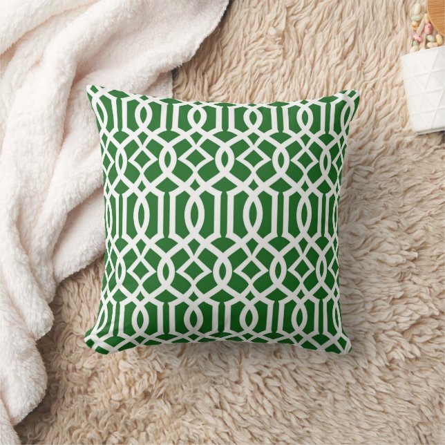 Almohada blanca verde marroquí enrejado decorativo (Manta)