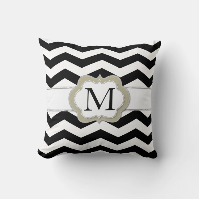 Almohada blanco y negro del monograma de Chevron (Anverso)