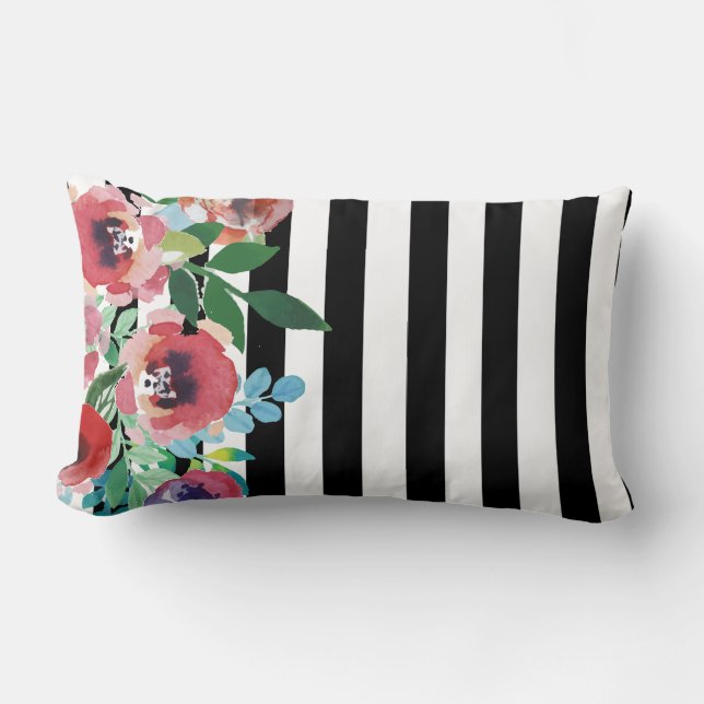 Almohada blanco y negro floral de la raya (Anverso)